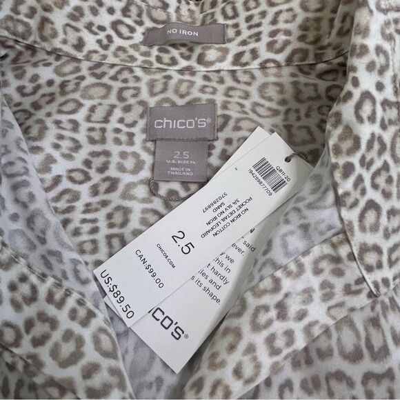 NWT Chico’s sand beige  3/4 sleeve leopard no iron button up shirt size 14 - Picture 6 of 7